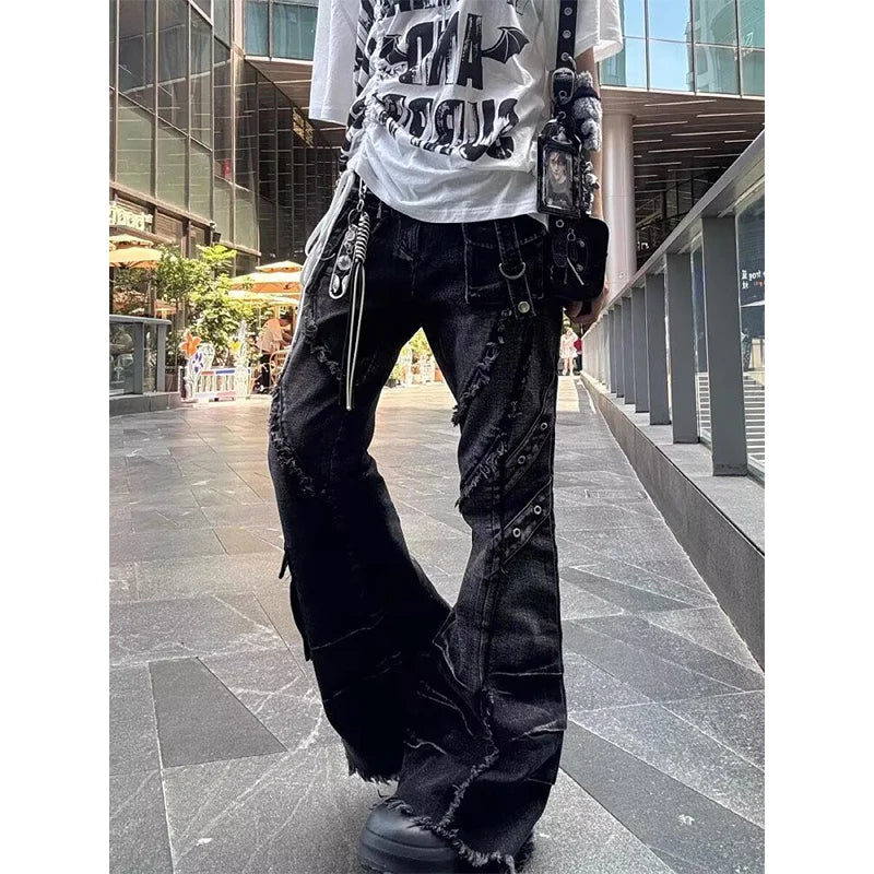 Women's Y2k Baggy Flare Jeans Harajuku Japanese 2000s Style Patchwork Denim Trouser Vintage Oversize Cargo Jeans Pants Clothes