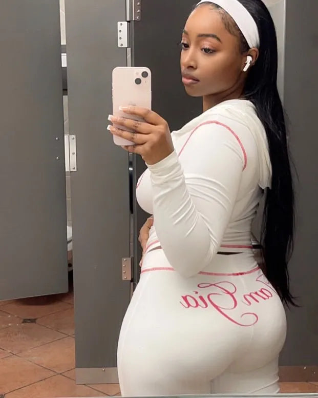 Spring And Autumn Print 2 Pieces Set Causal Street Outfits Women Y2K Fashion Long Sleeve Zip Hooded Crop Tops