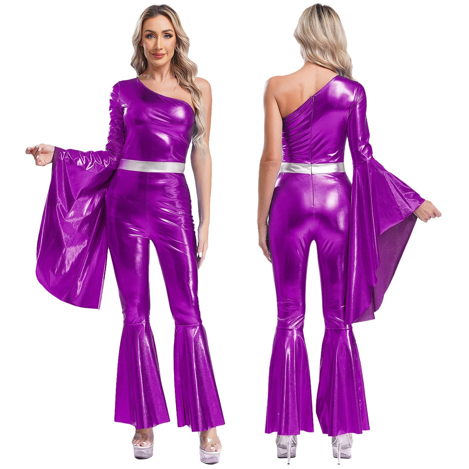 Womens 70S Disco Vintage Jumpsuit Metallic Shiny Flare Sleeve Bodysuit Hippie Bell Bottom Jazz Dance Carnival Rave Party Costume