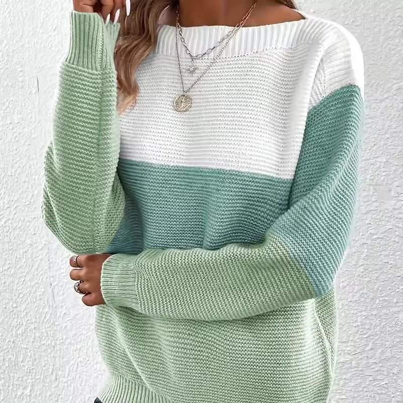 Women's Contrast Color Long Sleeve Round Neck Sweaters Female Stitching 2025 Fall Jumpers Lady Casual Warm Comfortable Pullover Women’s Contrast Color Long Sleeve Round Neck Sweater | Trendy Knitwear USA & Worldwide