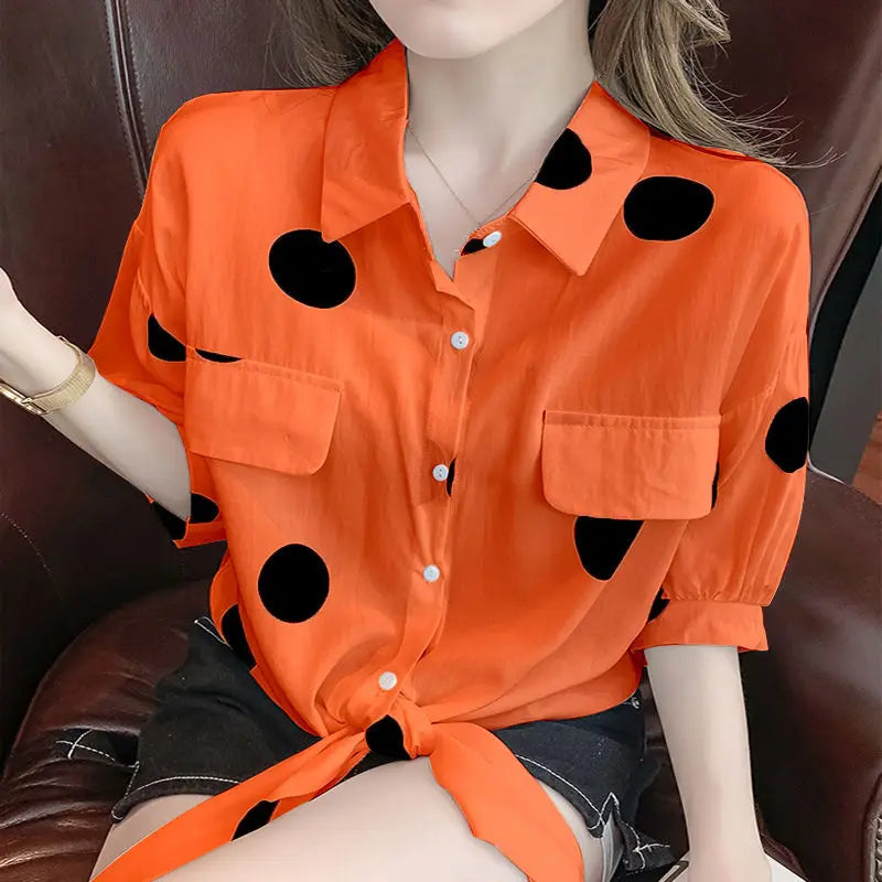 Fashion Lapel Loose Bandage Bow Polka Dot Shirt Women's Clothing 2025 Summer New Oversized Casual Tops Half Sleeve Korean Blouse