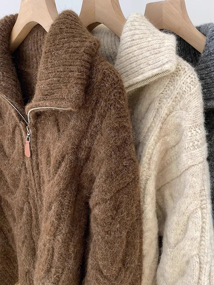 Retro Solid Double Zipper Turn-down Collar Sweater Women Autumn Winter New Lazy Style Loose Knitted Cardigan Thicken Loose Tops