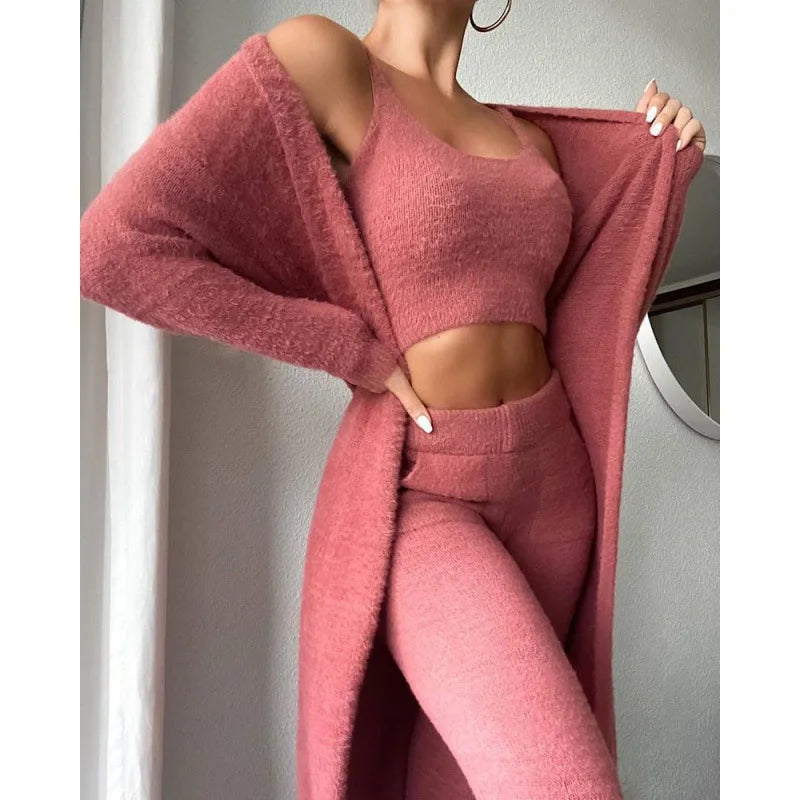 Autumn And Winter Knitted Plush Comfortable Women's Suit Sexy V-neck Short Crop Top Cardigan Sweater Trousers Three-piece Set