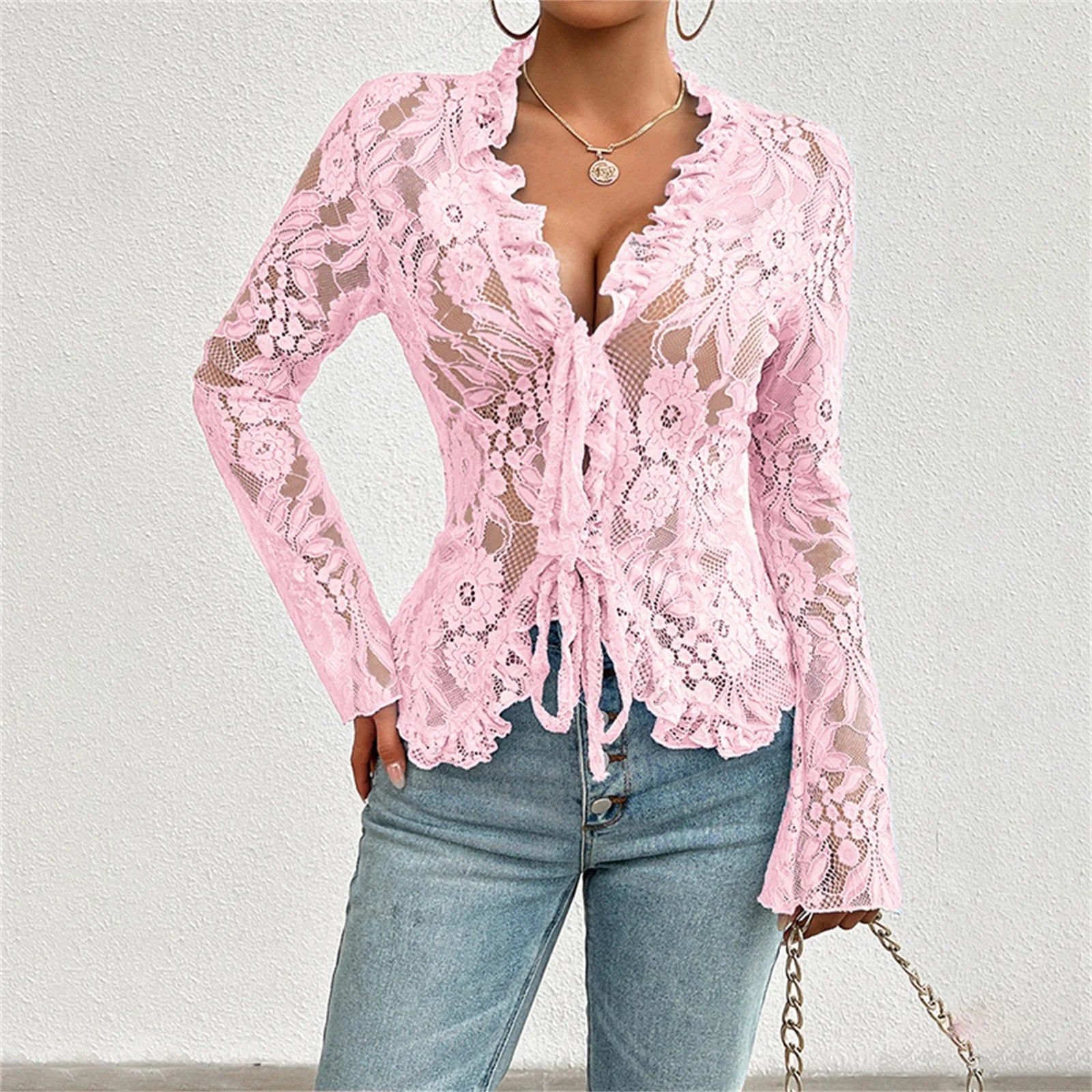 Sexy Women Mesh Lace T-Shirts Long Sleeve Tops Transparent Casual Sheer Basic Tie Front Shirt Blouses for Club Aesthetic Clothes