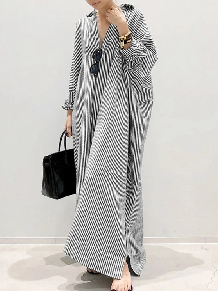 2025 Stripe Printed Beach Party Sundress Spring Fall Bohemian Women Long Sleeve Lapel Dress Fashion Casual Loose Vestidos
