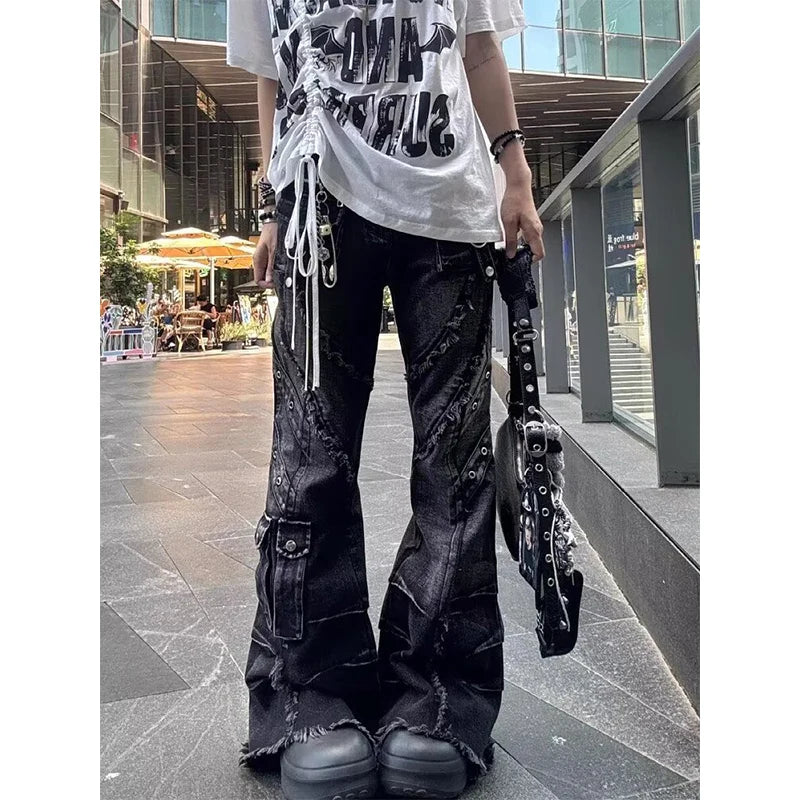 Women's Y2k Baggy Flare Jeans Harajuku Japanese 2000s Style Patchwork Denim Trouser Vintage Oversize Cargo Jeans Pants Clothes