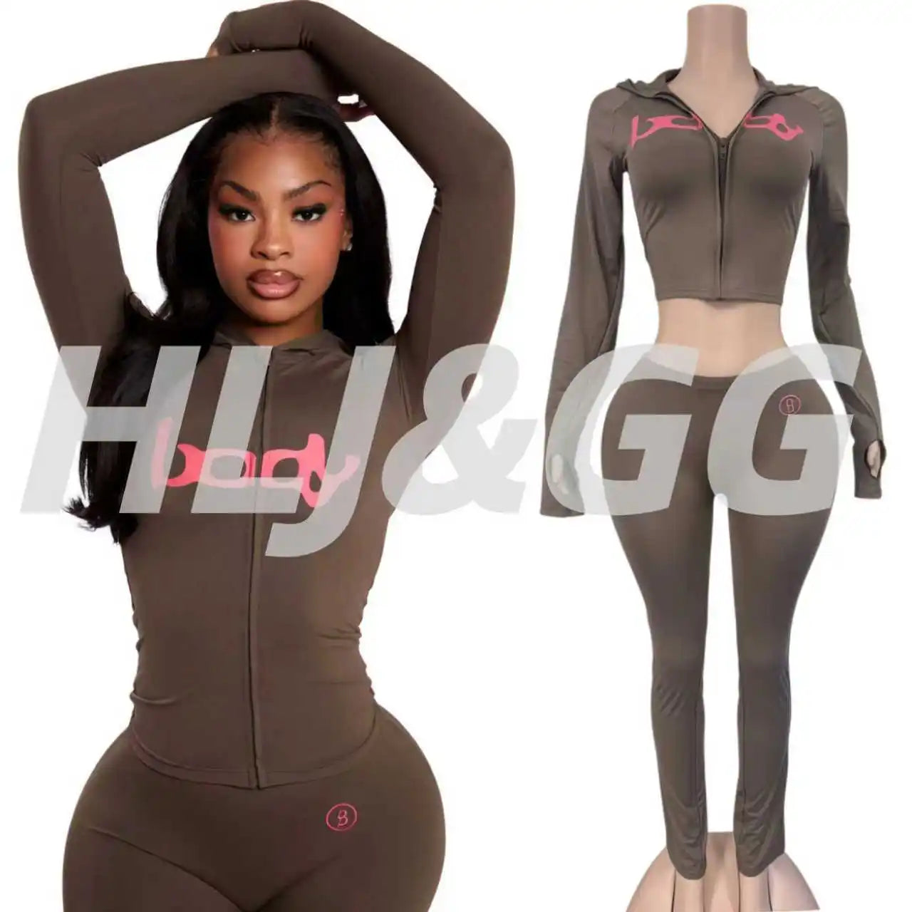 HLJ&GG Autumn New Letter Print Zipper Tracksuits Women Long Sleeve Slim Top And Skinny Pants Two Piece Sets Fashion 2pcs Outfits