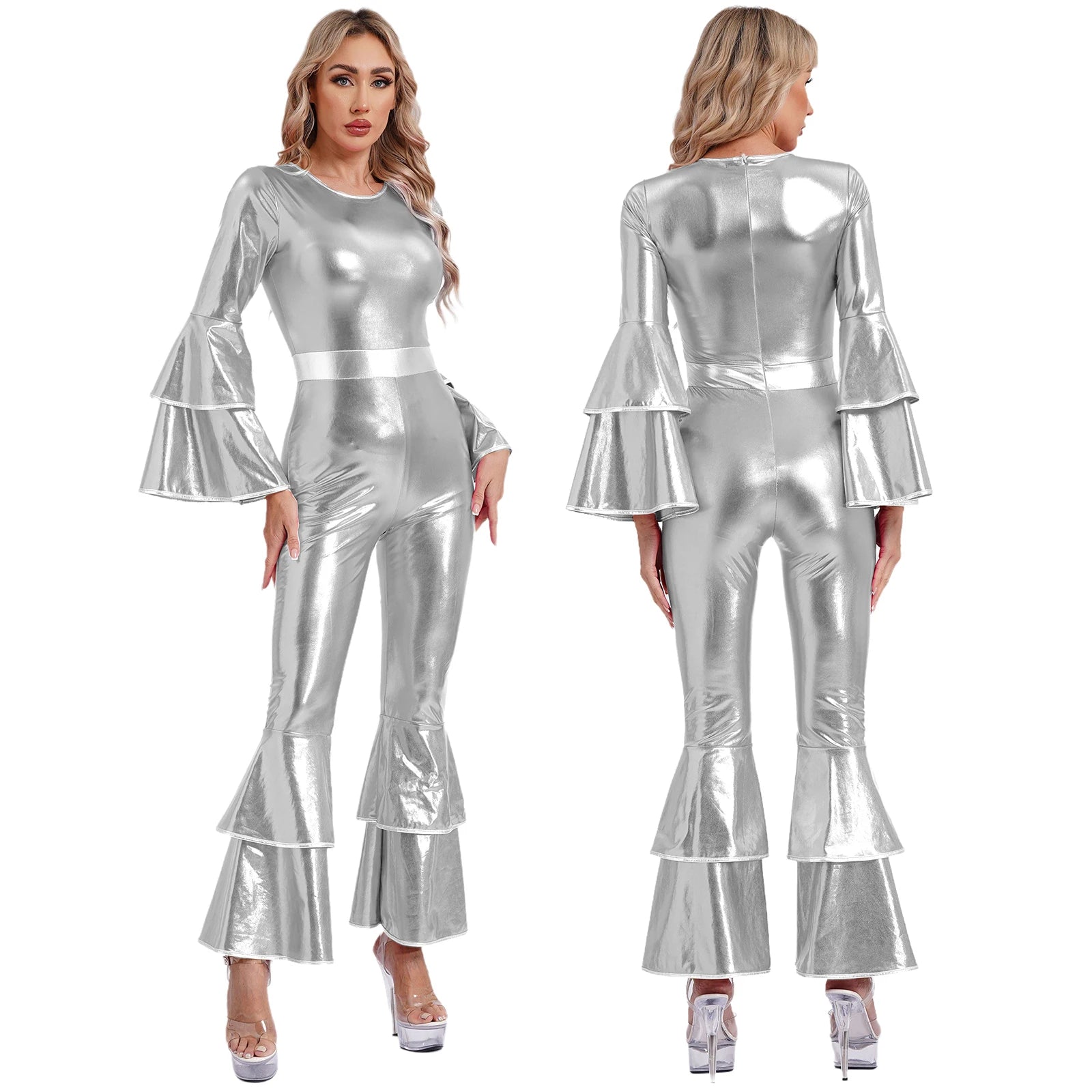Womens 70S Disco Vintage Jumpsuit Metallic Shiny Flare Sleeve Bodysuit Hippie Bell Bottom Jazz Dance Carnival Rave Party Costume