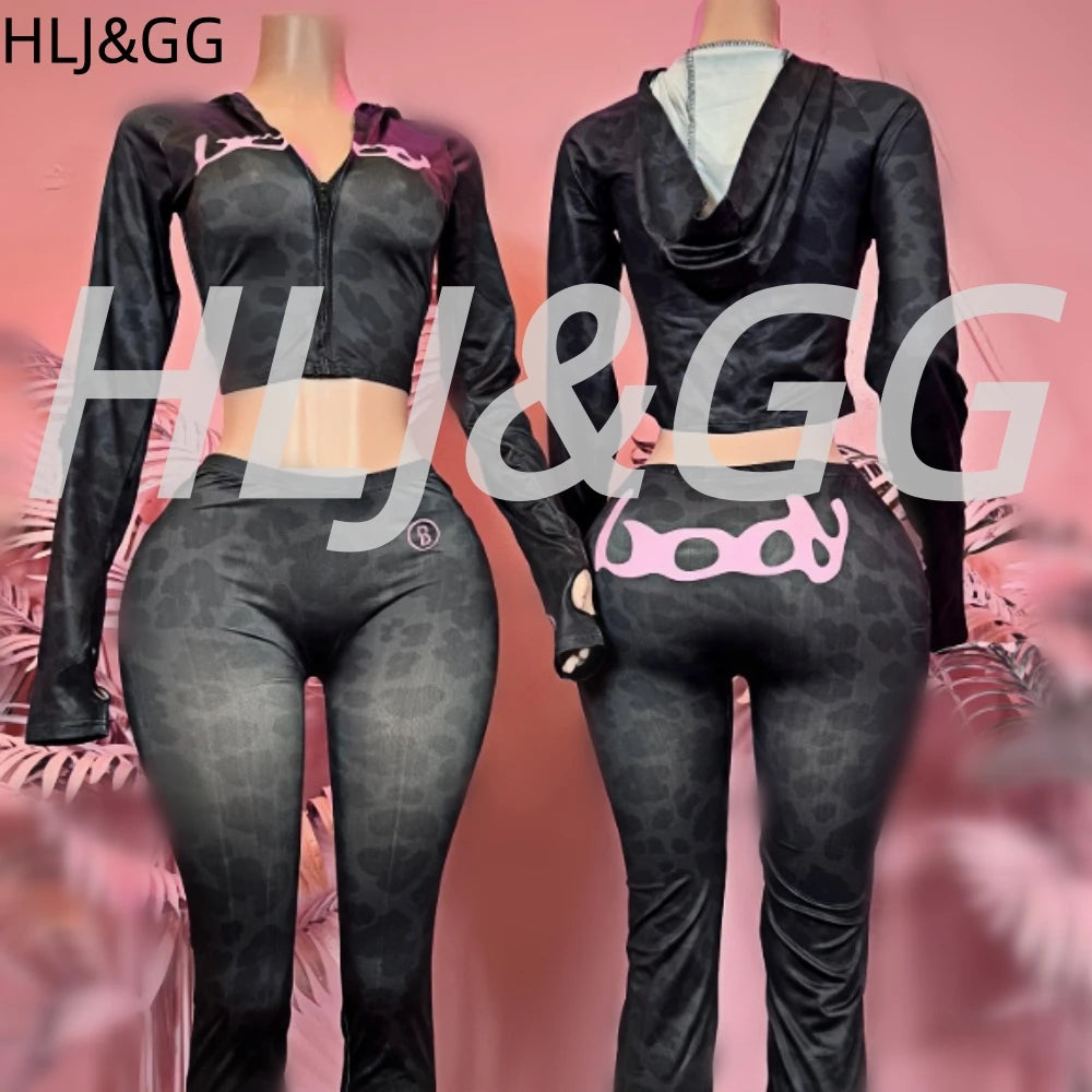 HLJ&GG Autumn New Letter Print Zipper Tracksuits Women Long Sleeve Slim Top And Skinny Pants Two Piece Sets Fashion 2pcs Outfits