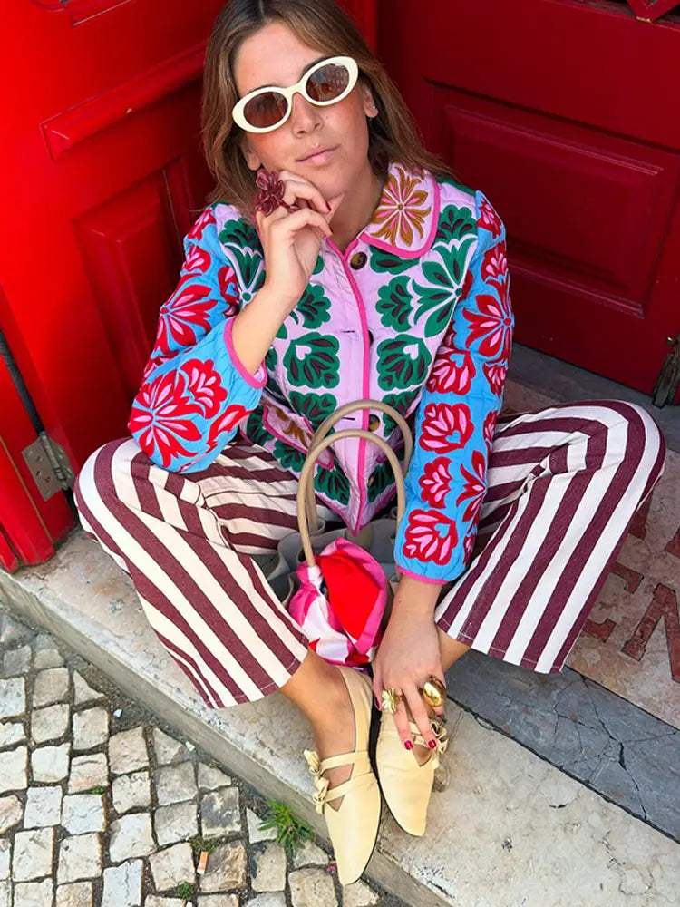 Women's Fashion Print Panelled Quilted Cotton Jacket Long Sleeve Pocket Cardigan Coat 2025 Autumn Winter Daily Casual Outerwear