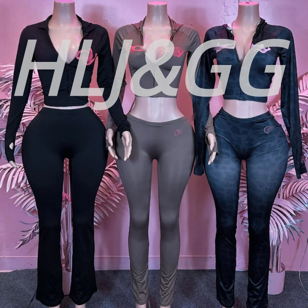 HLJ&GG Autumn New Letter Print Zipper Tracksuits Women Long Sleeve Slim Top And Skinny Pants Two Piece Sets Fashion 2pcs Outfits