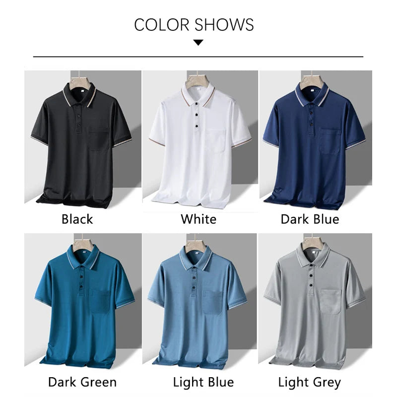 TFETTERS Polo Mens Tshirt for Dady Short Sleeve Turn Down Collar Business Anti-wrinkle Real Pocket Design Polo Shirt Man