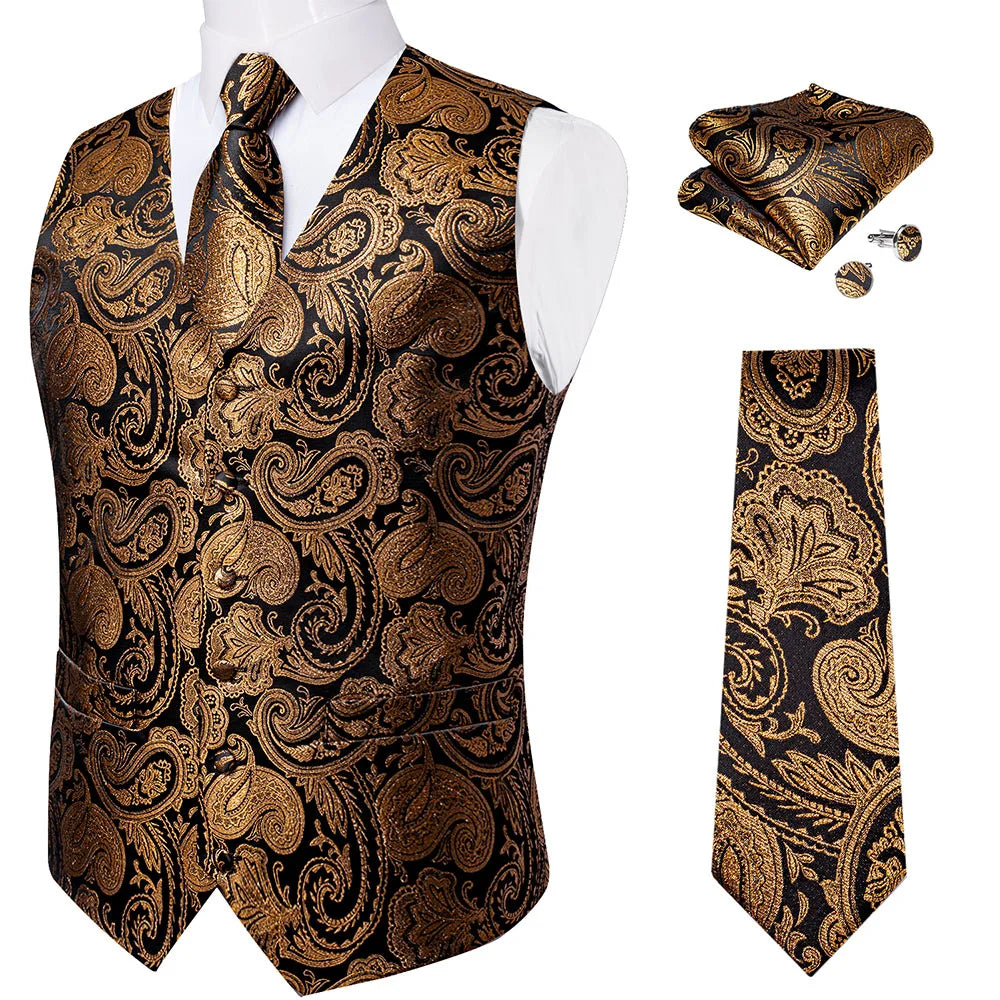 Fashion Light Blue Paisley Silk Vests for Men with Tie Handkerchief Cufflinks Business Wedding Party Waistcoat Tuxedo Vest
