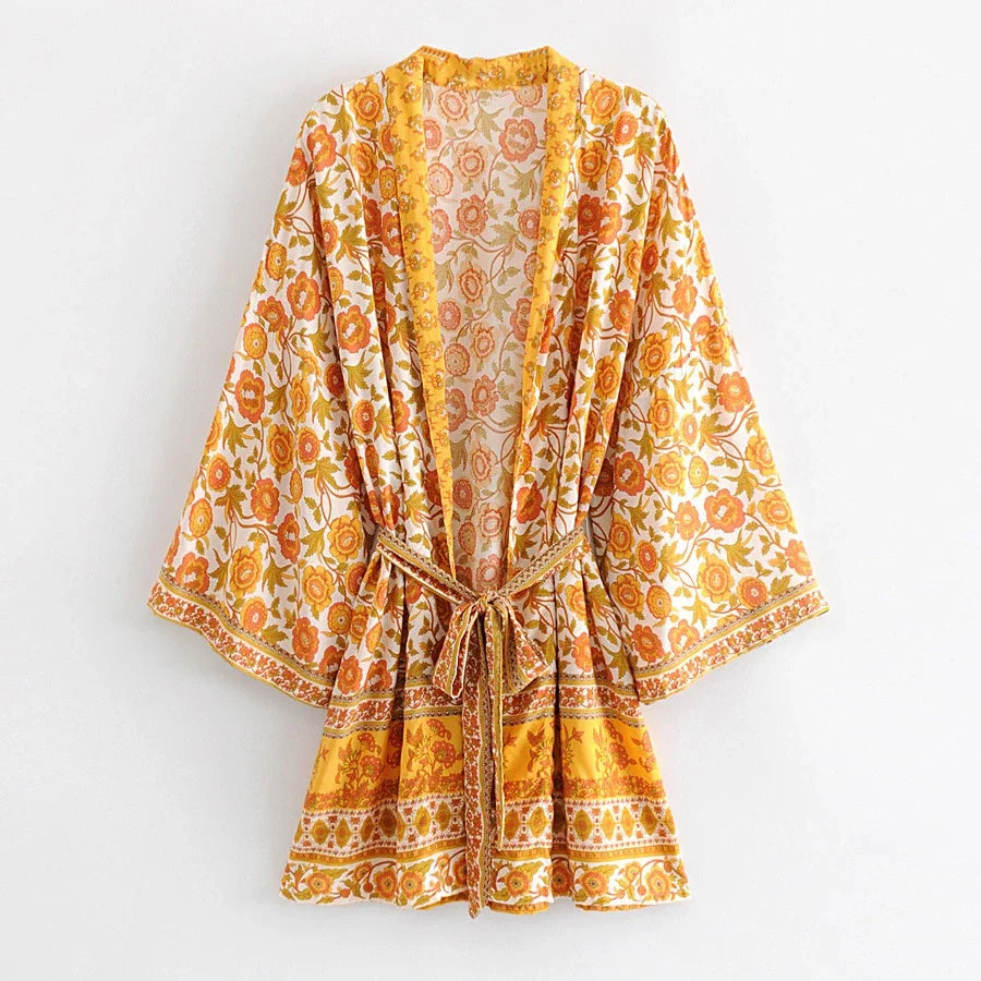TEELYNN Women Cardigan Boho Blouse and Shirt Yellow Floral Print Kimono Sleeve