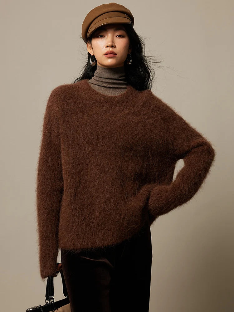 SuyaDream Warm Alpaca Pullovers for Woman, Dropped Sleeved Loose Sweaters, 2025 Fall Winter Top, Camel, Beige