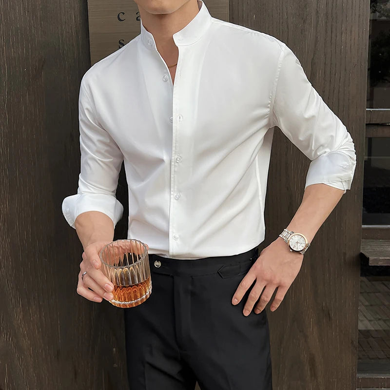 2025 Spring New Chinese Style High End Stand Up Collar Shirt Men's Long Sleeve Elastic Slimming Top Social Dress Shirt