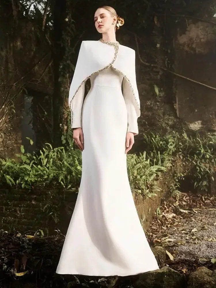 HIGH STREET Newest 2025 Designer Vestido Women's Diamonds Beaded Cape Sleeve Floor Length Maxi Long Dress