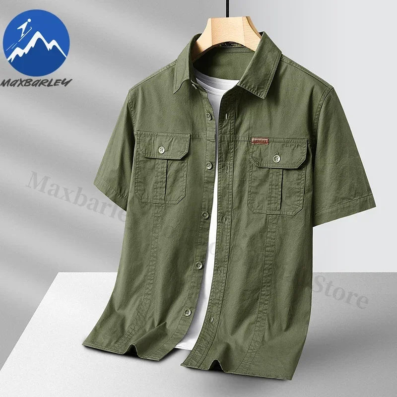 Summer Short Sleeve Shirt Men 100 Cotton Refreshing Breathable Sweat Absorbing Shirt Climbing Work Clothes Pocket Fishing Shirt