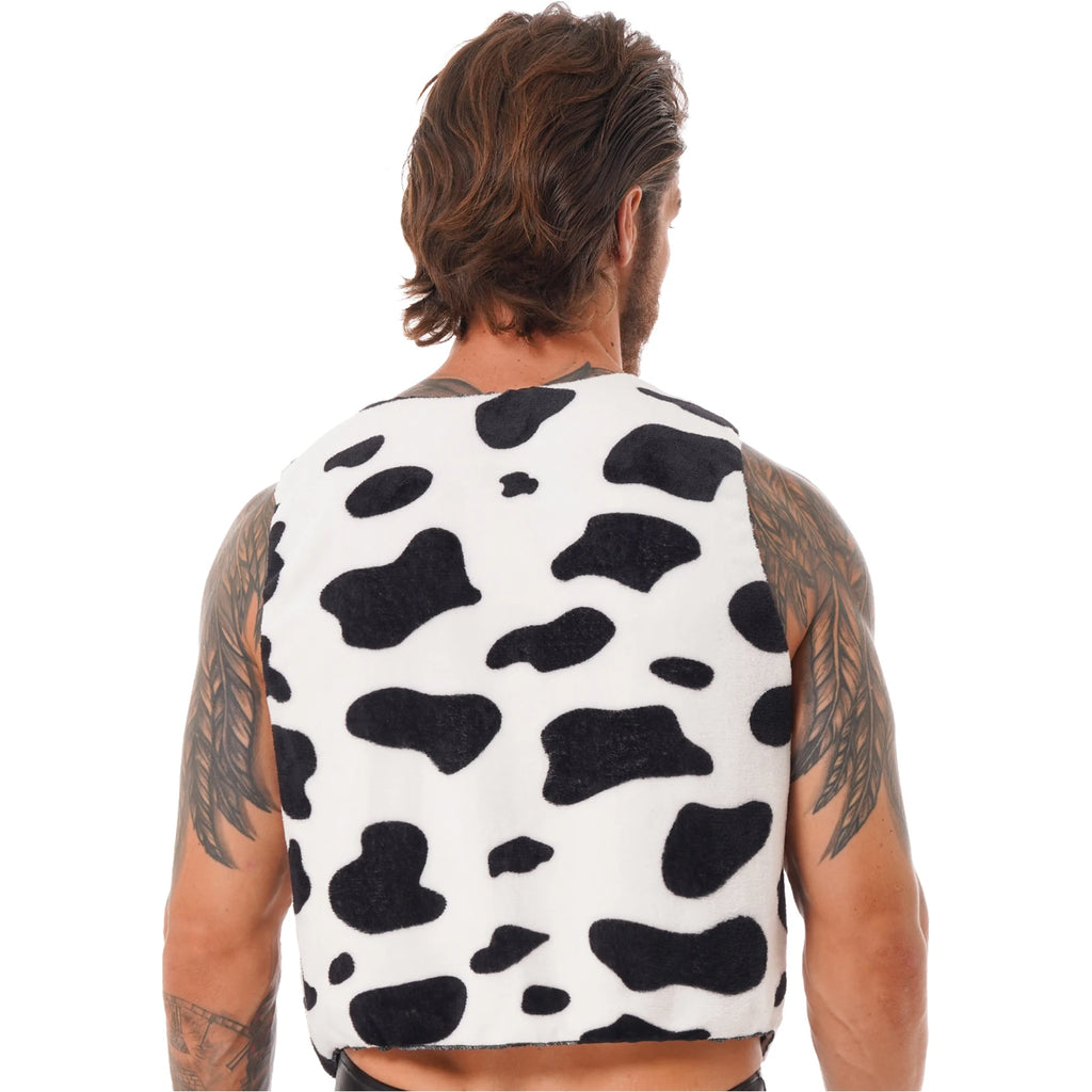 Men's Cow Print Vest Halloween Festival Cosplay Party Fancy Dress Up Sleeveless Open Front Waistcoat Vintage Hippie Costume Vest