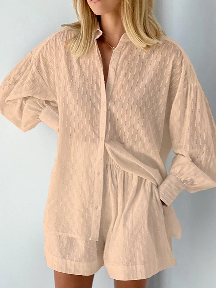 Women Jacquard Puff Sleeves Two Piece Sets for Summer Fashion Loose Shorts and Long Sleeved Shirt Outfits