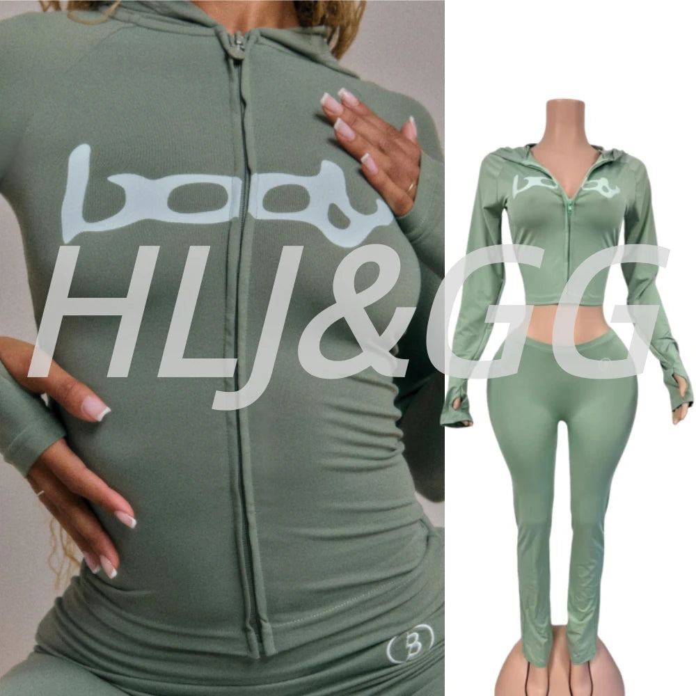 HLJ&GG Autumn New Letter Print Zipper Tracksuits Women Long Sleeve Slim Top And Skinny Pants Two Piece Sets Fashion 2pcs Outfits