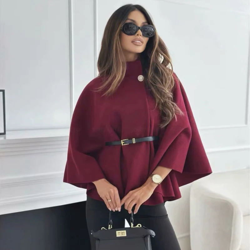 MUJER Belt Poncho Capes Women Black Cloaks Winter Coats Woman 2025 Bat Sleeve Cape Coats for Women Fashion Women's Cape Jacket