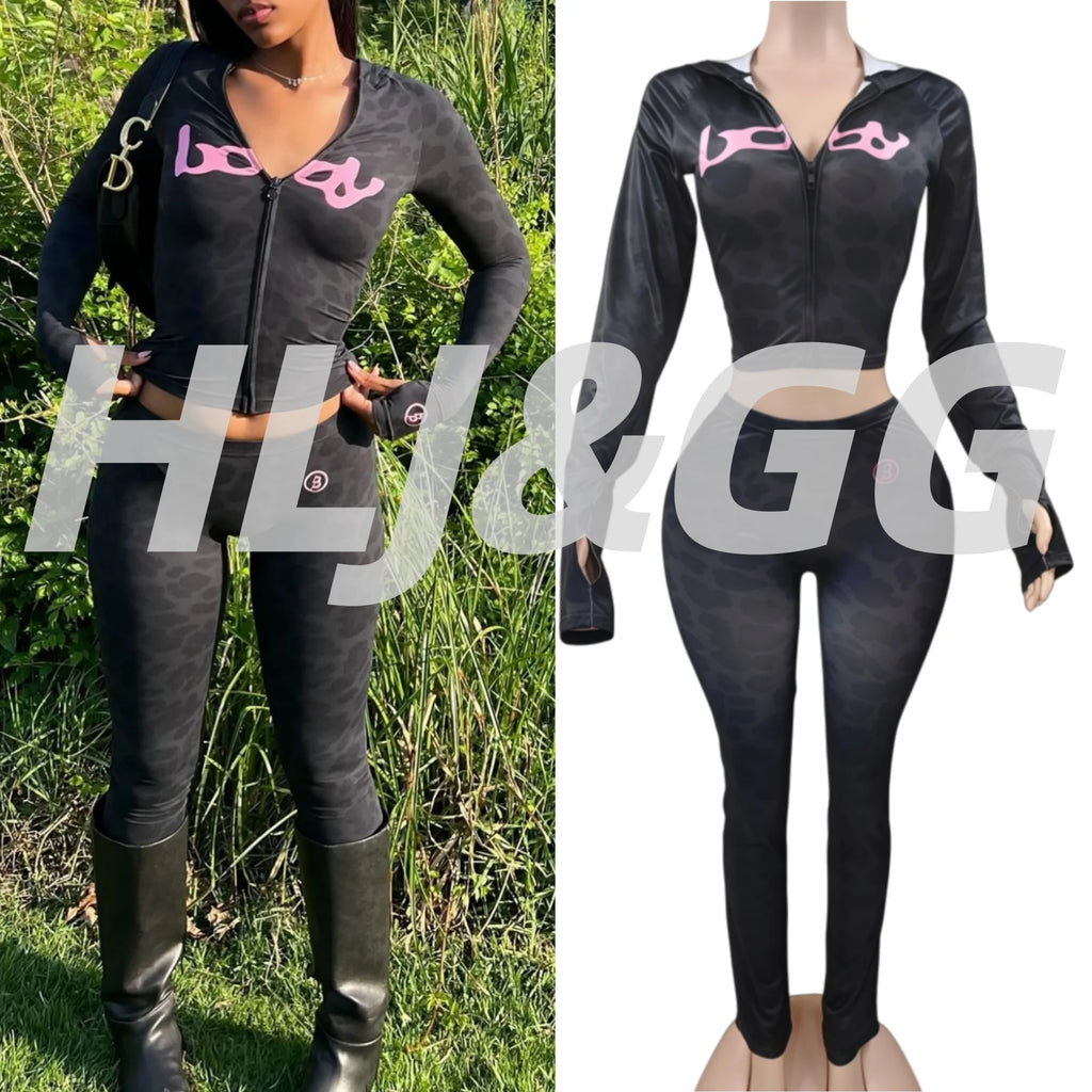 HLJ&GG Autumn New Letter Print Zipper Tracksuits Women Long Sleeve Slim Top And Skinny Pants Two Piece Sets Fashion 2pcs Outfits