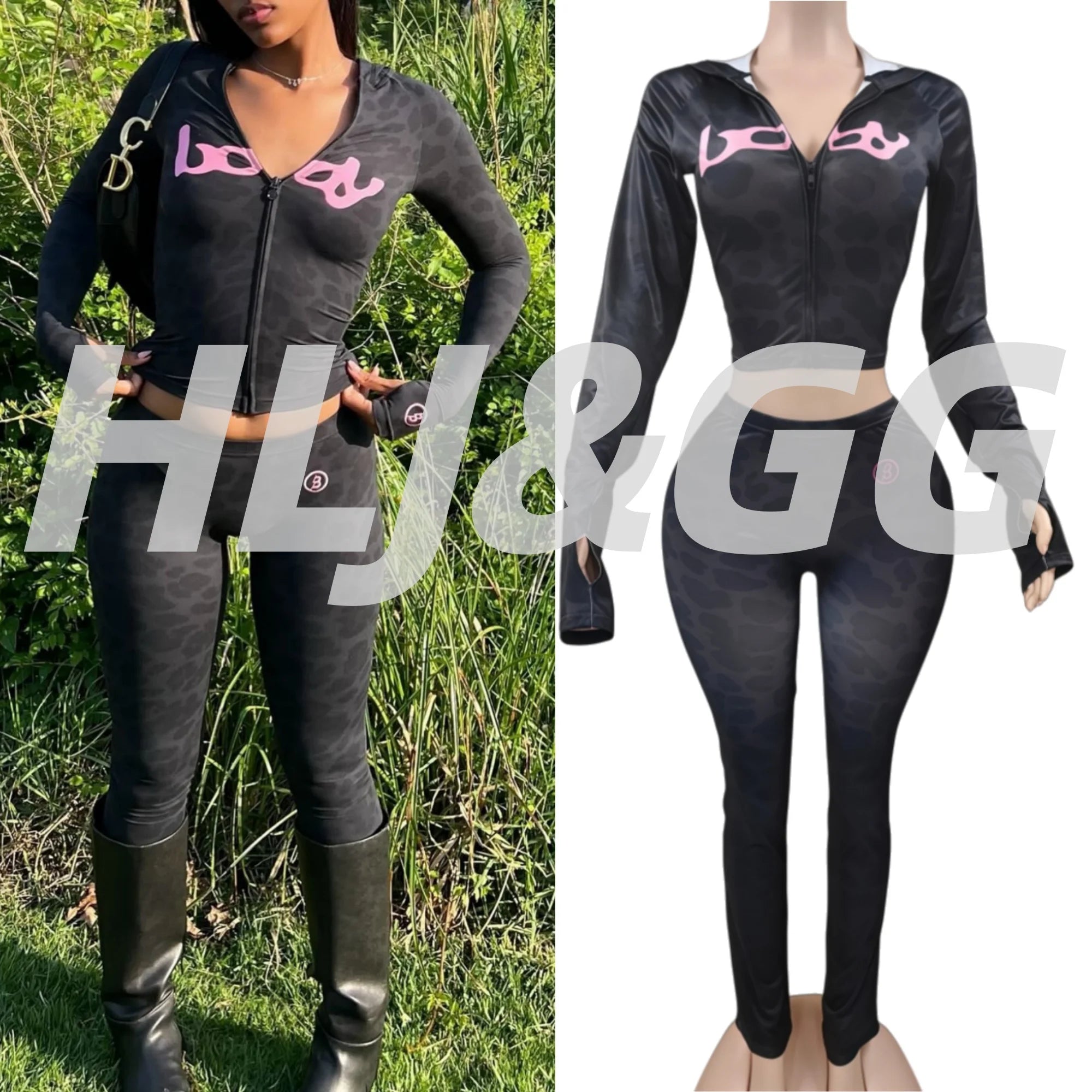 HLJ&GG Autumn New Letter Print Zipper Tracksuits Women Long Sleeve Slim Top And Skinny Pants Two Piece Sets Fashion 2pcs Outfits