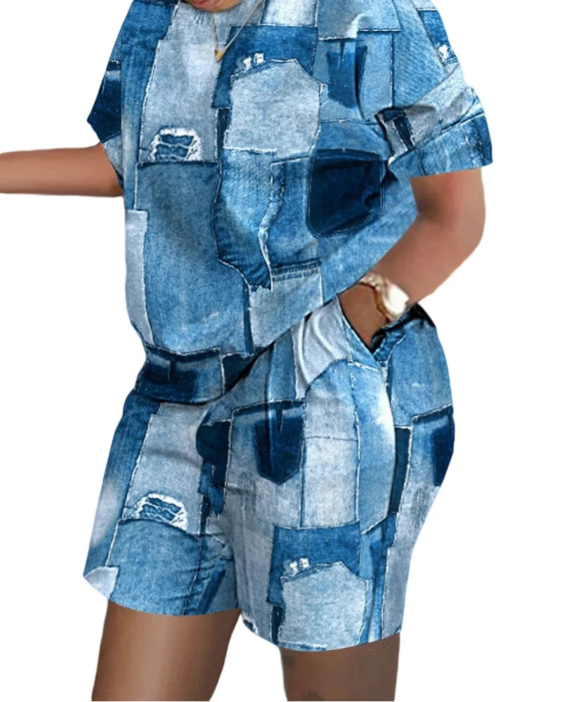 Women Casual Short Sleeve Outfit 2024 Summer Fashion Letter Printed O Neck Pocket Suit Female T Shirt Top Shorts Two Pieces Set
