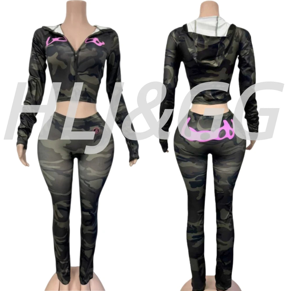 HLJ&GG Autumn New Letter Print Zipper Tracksuits Women Long Sleeve Slim Top And Skinny Pants Two Piece Sets Fashion 2pcs Outfits