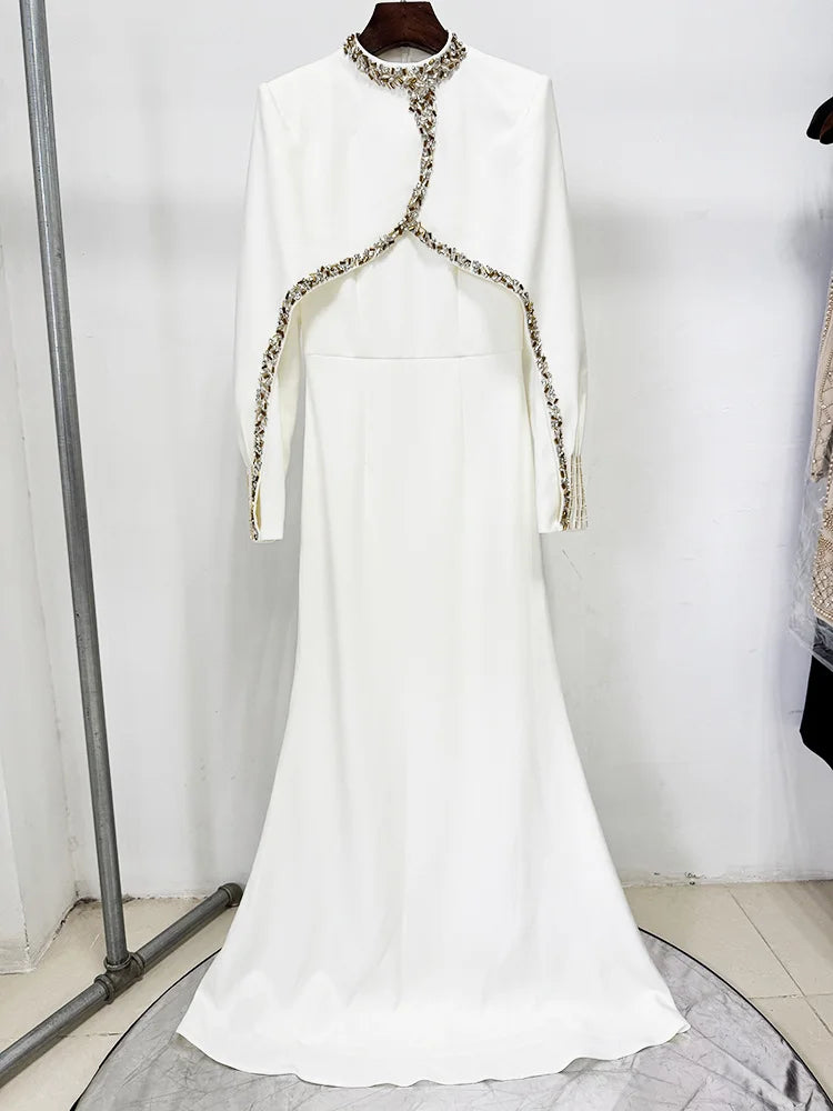 HIGH STREET Newest 2025 Designer Vestido Women's Diamonds Beaded Cape Sleeve Floor Length Maxi Long Dress
