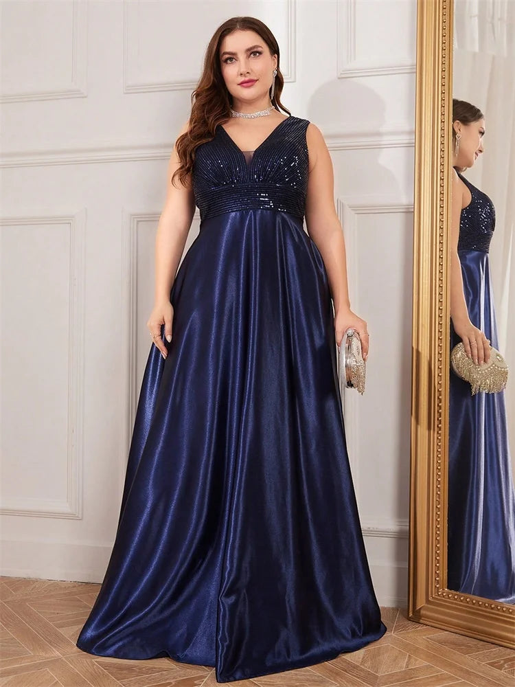 Plus Size Elegant Sequins Evening Dress For Women 2025 Deep V-neck Satin Prom Party Dress Floor Length Formal Bridesmaid Gowns