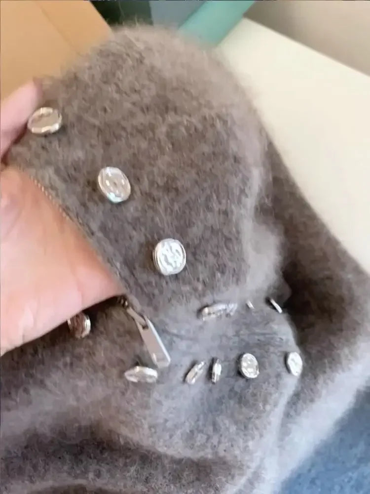 Luxury Fluffy Knitted Cardigan Sweater Design Double Breasted Sweater Coat Women Autumn High-end Lazy Zipper 2000s Y2k Knit Top