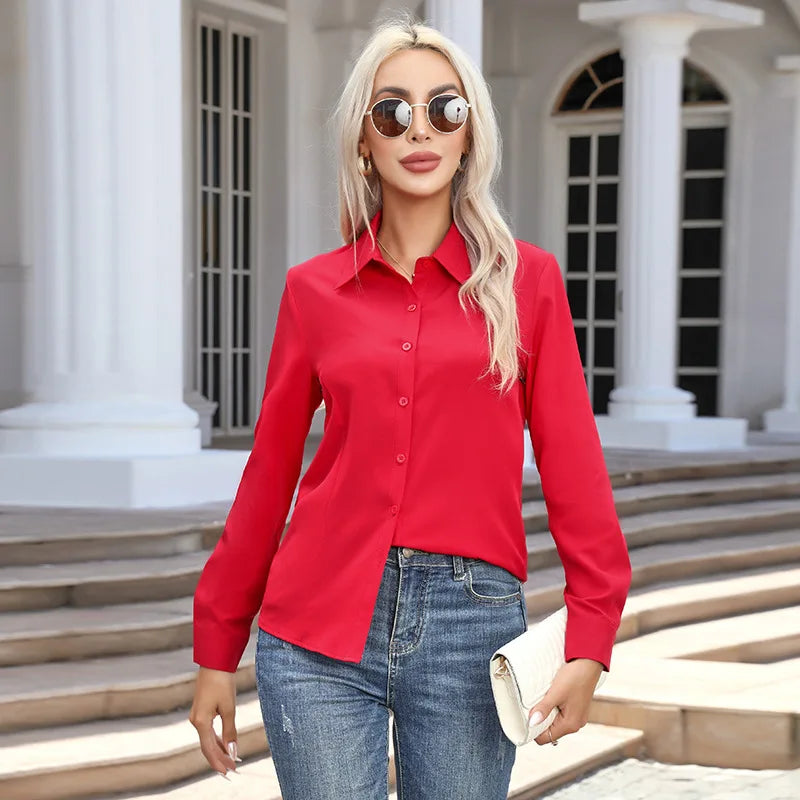 1pcs Woman Spring Autumn Solid color Shirts Lady Casual Long Sleeve Turn-down Collar Loose Shirt Female Fashion Temperament Tops