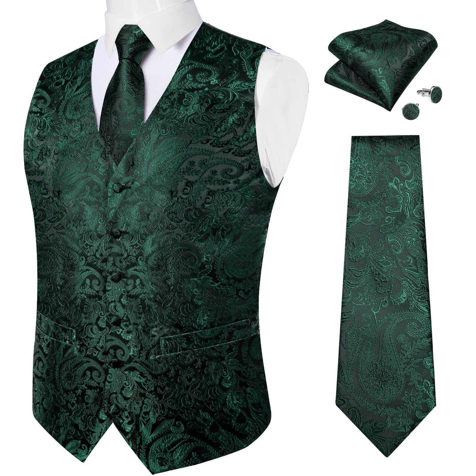 Fashion Light Blue Paisley Silk Vests for Men with Tie Handkerchief Cufflinks Business Wedding Party Waistcoat Tuxedo Vest
