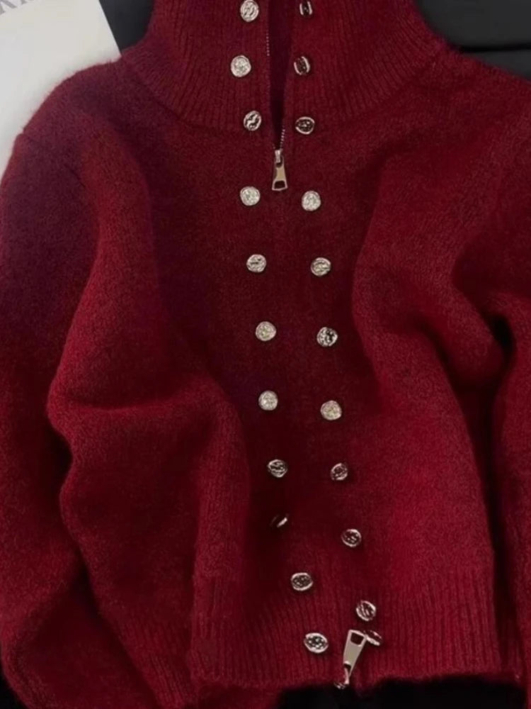 Luxury Fluffy Knitted Cardigan Sweater Design Double Breasted Sweater Coat Women Autumn High-end Lazy Zipper 2000s Y2k Knit Top