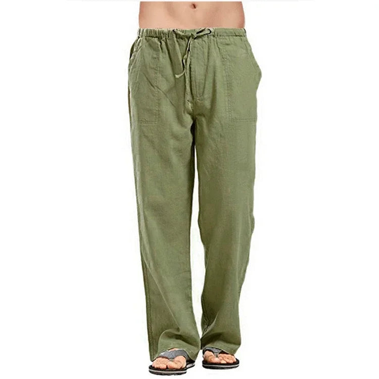 Men's Cotton Linen Pants Summer Solid Color Breathable Linen Trousers Male Casual Elastic Waist Fitness Pants