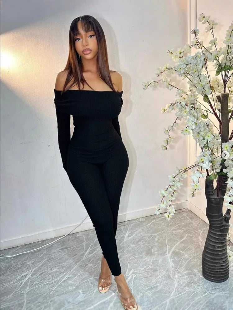 Women's Off-Shoulder Ribbed Knit Jumpsuit, Sexy Tight-Fitting Plain Romper, Fashionable Comfortable Autumn Casual Wear