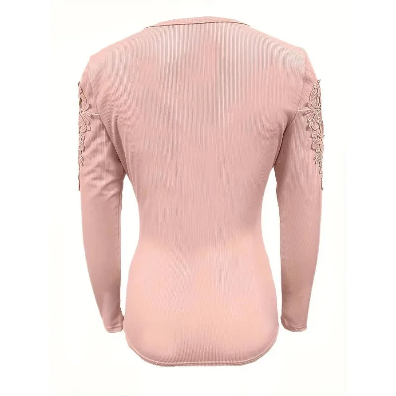 Spring and Autumn Women's Top Round Neck Button Slim Fit Long Sleeve Hollow Out T-shirt