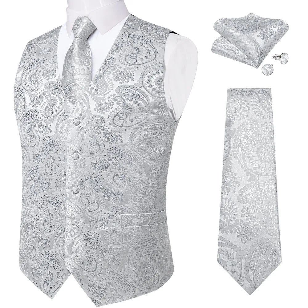 Fashion Light Blue Paisley Silk Vests for Men with Tie Handkerchief Cufflinks Business Wedding Party Waistcoat Tuxedo Vest