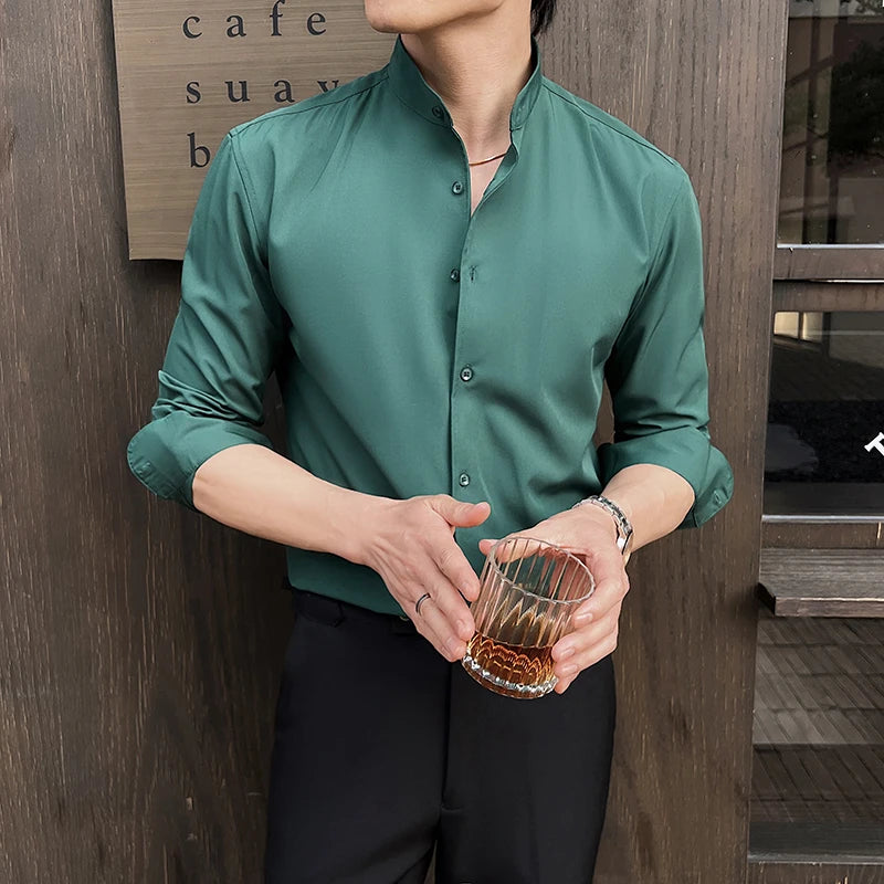 2025 Spring New Chinese Style High End Stand Up Collar Shirt Men's Long Sleeve Elastic Slimming Top Social Dress Shirt