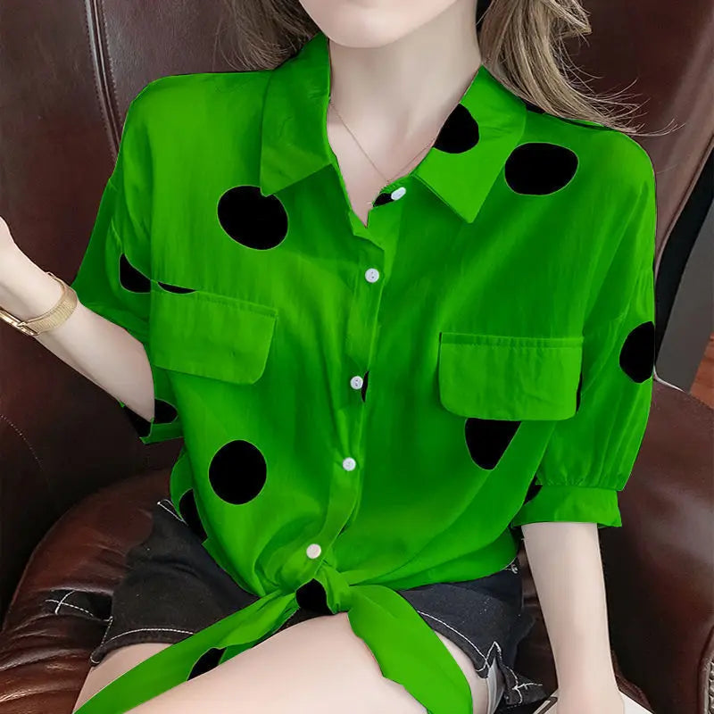 Fashion Lapel Loose Bandage Bow Polka Dot Shirt Women's Clothing 2025 Summer New Oversized Casual Tops Half Sleeve Korean Blouse