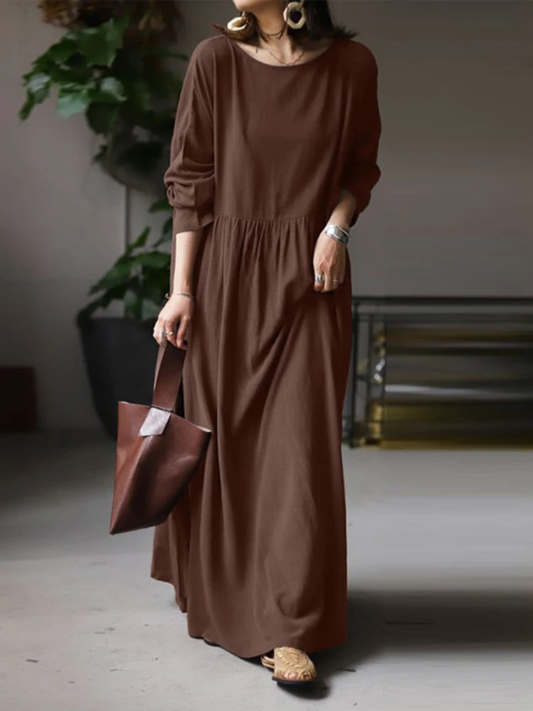 Autumn Women Sundress ZANZEA 2023 Vintage Solid Dresses Female Cotton Robe Casual Long Sleeve Pleated Maxi Vestidos Kaftan