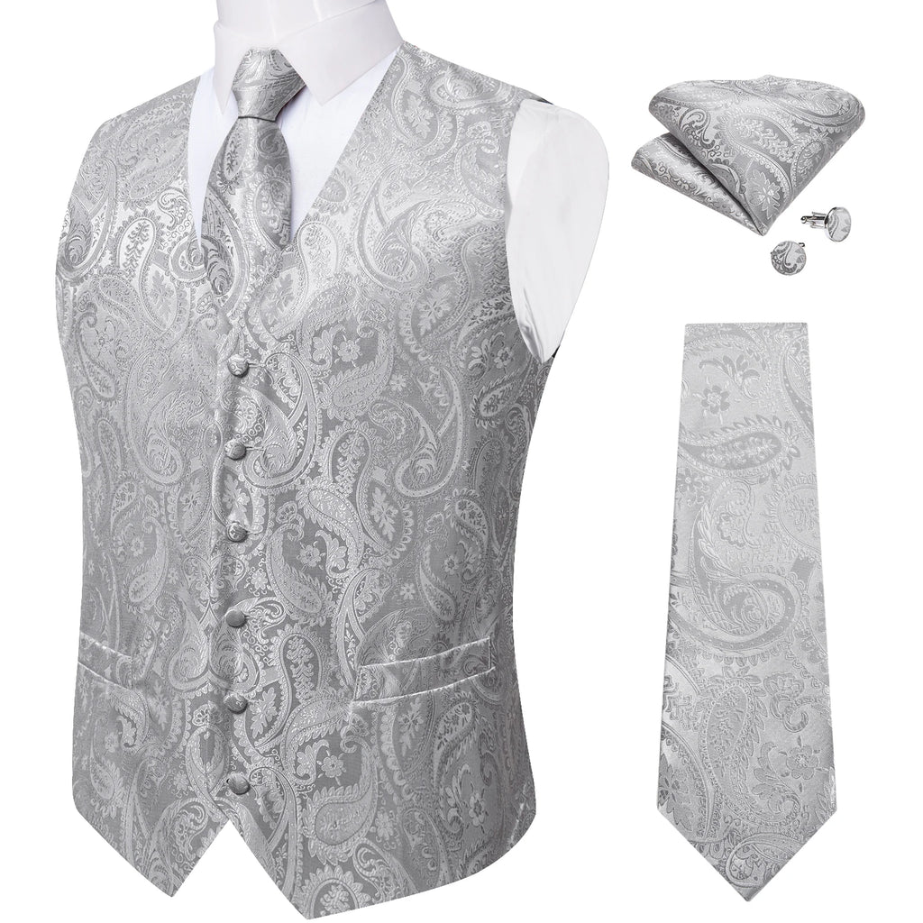 Fashion Light Blue Paisley Silk Vests for Men with Tie Handkerchief Cufflinks Business Wedding Party Waistcoat Tuxedo Vest