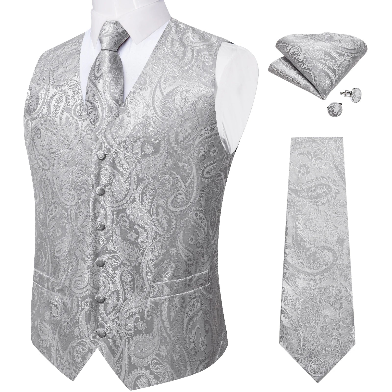 Fashion Light Blue Paisley Silk Vests for Men with Tie Handkerchief Cufflinks Business Wedding Party Waistcoat Tuxedo Vest