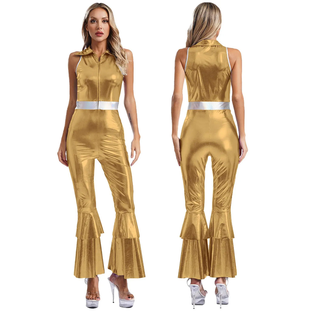 Womens 70S Disco Vintage Jumpsuit Metallic Shiny Flare Sleeve Bodysuit Hippie Bell Bottom Jazz Dance Carnival Rave Party Costume