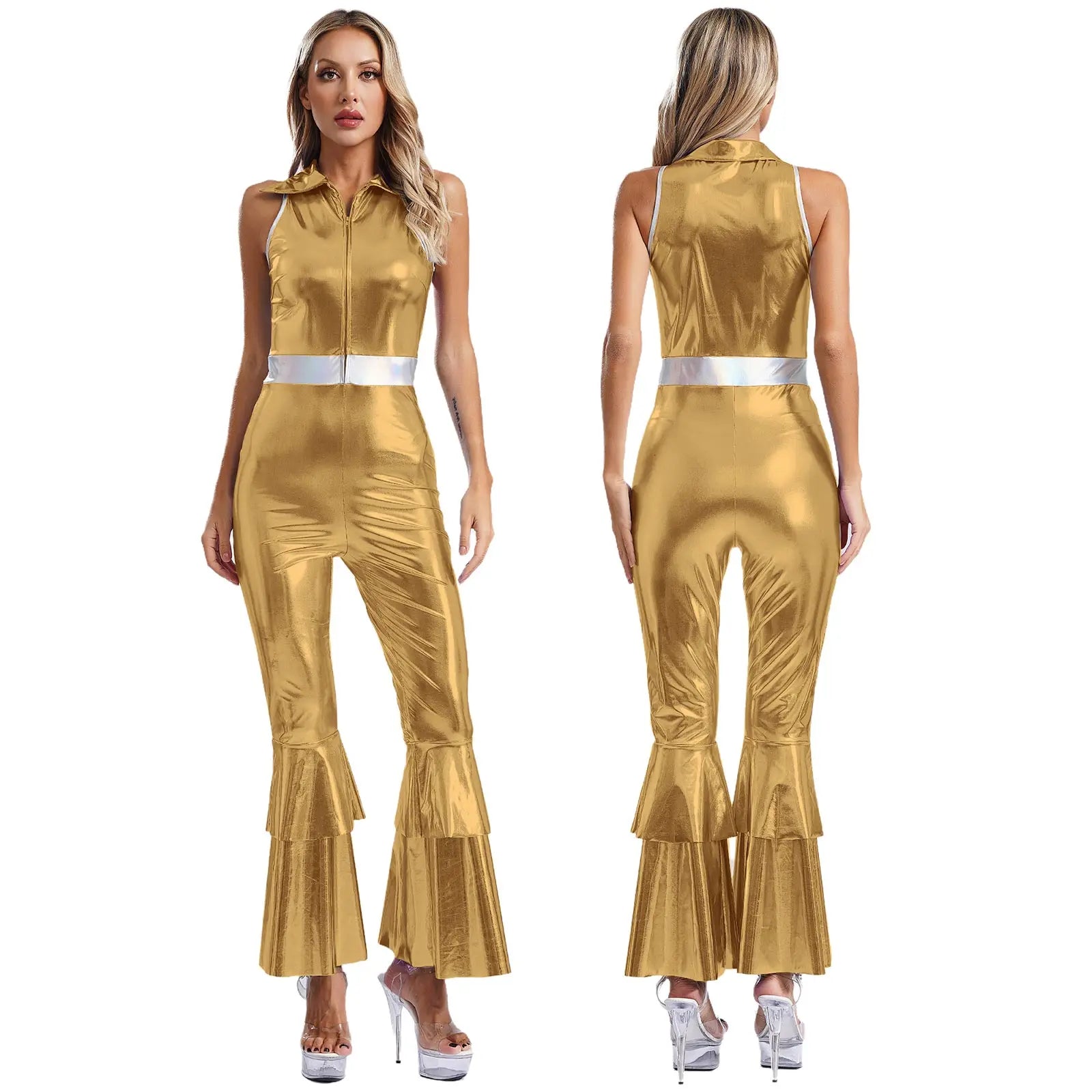 Womens 70S Disco Vintage Jumpsuit Metallic Shiny Flare Sleeve Bodysuit Hippie Bell Bottom Jazz Dance Carnival Rave Party Costume