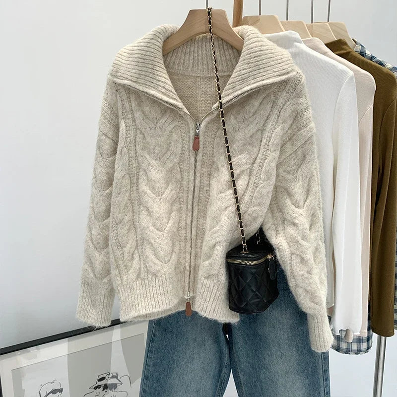 Retro Solid Double Zipper Turn-down Collar Sweater Women Autumn Winter New Lazy Style Loose Knitted Cardigan Thicken Loose Tops