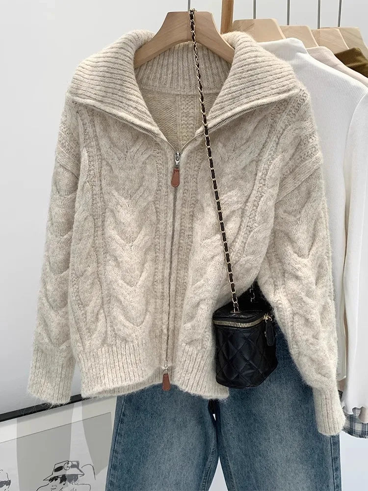 Retro Solid Double Zipper Turn-down Collar Sweater Women Autumn Winter New Lazy Style Loose Knitted Cardigan Thicken Loose Tops