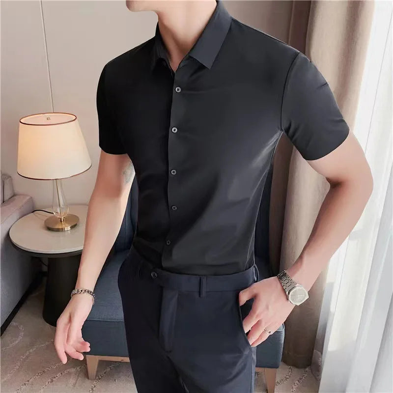 Men's Ultra Stretch Short Sleeve Shirt Business Casual  Breathable Stretchable Abrasion-Resistant Solid Color Short Sleeve Shirt